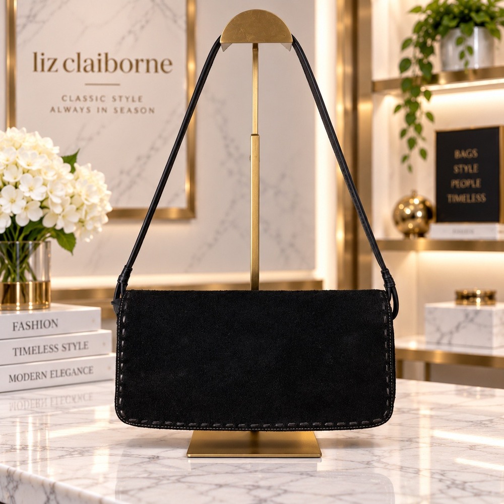 Liz Claiborne Black Suede Baguette Shoulder Bag Vintage Minimalist